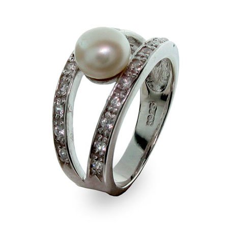 Eve's Addiction Sterling Silver Freshwater Pearl Ring with Two Rows of CZs
