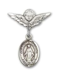 Sterling Silver Baby Badge with Our Lady of Lebanon Charm and Angel with Wings Badge Pin