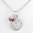 Round Lotus Flower Pendant in Sterling Silver with Garnet Beads on a 18" Rhodium and Sterling Ball Chain, #8433