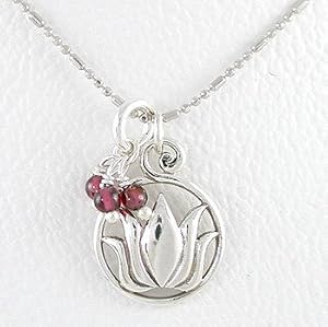 Round Lotus Flower Pendant in Sterling Silver with Garnet Gemstone Beads on an 18" Rhodium and Sterling Bead Chain, #8433
