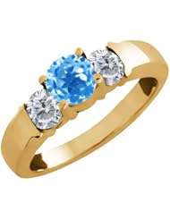 1.10 Ct Round Swiss Blue Topaz and White Diamond 18k Yellow Gold Ring