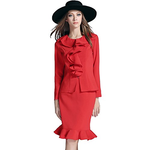 OU GRID女性のレッドプラスサイズ長袖ラウンドネックフリル裾スカートスーツ