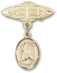 14K Gold Baby Badge with St. Emily de Vialar Charm and Badge Pin with Cross