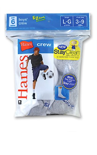Hanes BOYS P-6 CREW SOCK WHITE W/GREY FOOT BOTTOM 321/6 5-9 in White
