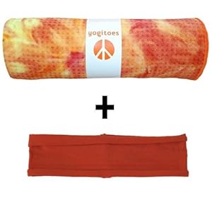 Sunburst yogitoes® mat size SKIDLESS® yoga towel + rust (reddish orange) hBand stretchy headband combo by Absolute Yogi®