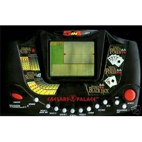 Tiger Electronics Caesars Palace 5 in 1 Handheld Game (MADE BY TIGER ELECTRONICS, 1995 VERSION). Games on the Handheld are Stars & Stripes Slots, Deluxe Diamond Slots, Video Bonus Poker, Video Draw Poker, & Video Blackjack