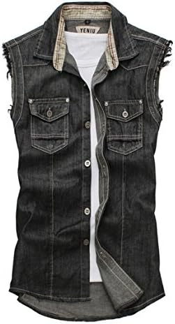 YeSiYan Men's Casual Retro Slim Fit Sleeveless Denim Vest Outwear Black (L)