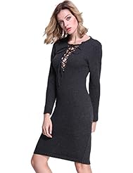 V-neck Sweater Lace-Up Long Sleeves Acrylic/Knit Knee Length Midi Dress 