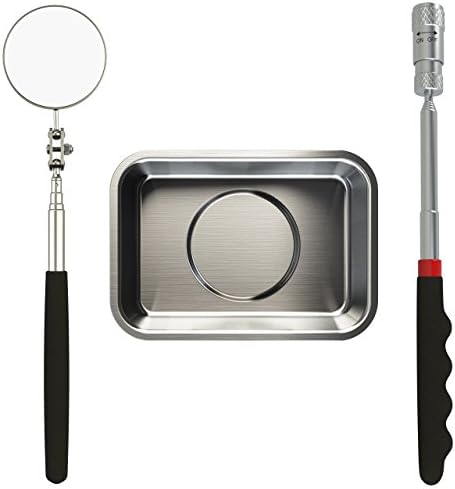 Telescoping Magnet with LED Light, Magnetic Tray, and Telescopic Mirror Pick Up Tool Set - A Must Have for a Mechanic and Homemaker alike to Organize and Secure Small Parts