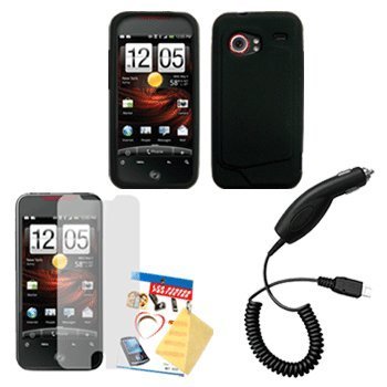 Black Silicone Case / Skin / Cover, LCD Screen Guard / Protector & Car Charger for HTC Droid Incredible ADR6300
