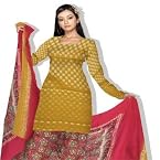 Unnati Silks South cotton unstitched party wear mango yellow and core red color zari bootis salwar kameez with chiffon dupatta