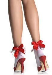 Valentine's Day Opaque Ankle Socks Anklet Stocking With Embroider Heart Ruffle And Satin Bow (White/Red;One Size)