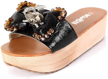 Kvoll Women's Pu Slippers with Rhinestones and Beaded Bowknot,Black,39