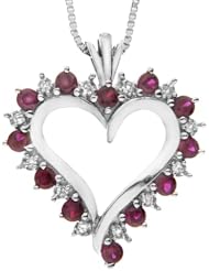 Sterling Silver Created Ruby and White Cubic Zirconia Heart Pendant Necklace , 18"