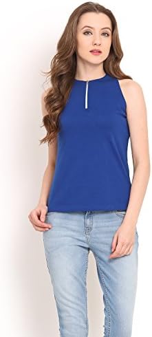 Saiesta Summer Top For Women's Metal Solid Knits Slim Zip Up Crew Neck Top M Cobalt Blue