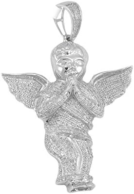 Sterling Silver Diamond Mens Large Praying 3D Guardian Angel Cherub Charm Pendant 1.00 Cttw