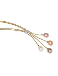 Natural Colored Fresh Water 10.00mm Multi-Colored Drop Pearls, Set on an 18K Yellow Gold Double-Strand Hand-Woven Lariette Necklace, Enhanced with Pave-Set Diamonds.