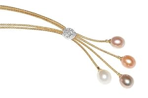 Natural Colored Fresh Water 10.00mm Multi-Colored Drop Pearls, Set on an 18K Yellow Gold Double-Strand Hand-Woven Lariette Necklace, Enhanced with Pave-Set Diamonds.