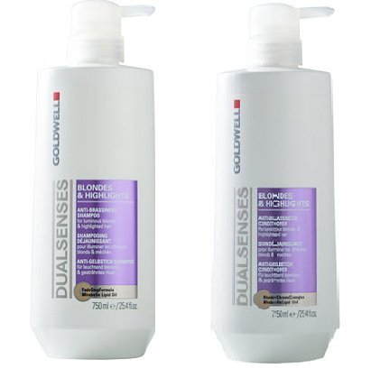 Goldwell Dual Senses, Blond & Highlights Anti-Brassiness shampoo and conditioner, 25.4 fl oz/750 ml each
