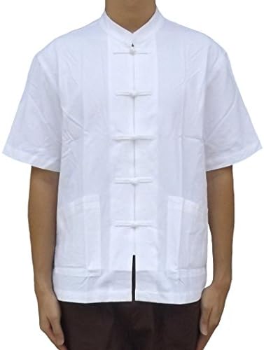 Malime Men's Short Sleeve Chinese Collar Meditation Shirt Large White