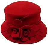 CLEARANCE Bucket Style Red Wool Hat with Double Rose Design