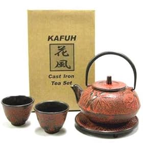4 piece Cast Iron Tea Set w  Trivet Bamboo Design (Red) by Khafuh