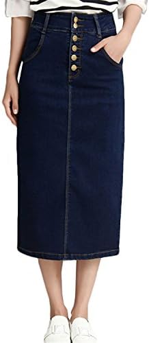 Changde360 Warm Vintage Autumn Winter New Long Denim Skirt Womens Plus Size Ladies Jeans Skirts High Waist Back Split Maxi Jupe Longue Buttons dark blue skirtXL Soft