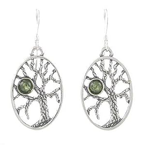 Oval Tree of Life and Peridot Gemstone Bead Dangle Earrings in Sterling Silver, #8042