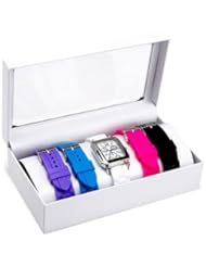 Cerentino Womens RB001 Rectangle White Dial Interchangeable Set Silicone Multi-Colored Strap Watch