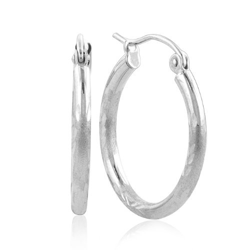 14K White Gold Diamond Cut, Satin and High Polish Design Tube Hoop Earrings