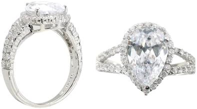 14K WHITE GOLD PLATED 2.50CTW PEAR SHAPE DIAMOND SIMULATED C.Z LADIES SILVER HALO ENGAGEMENT RING