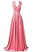 R&J Women's Modest V Neck Open Back Chiffon Long Evening Gown with Lace