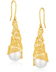 Italian Design 14K Yellow Gold Crochet Tight Spiral Earrings with Cultured Pearl