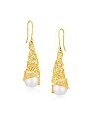 Italian Design 14K Yellow Gold Crochet Tight Spiral Earrings with Cultured Pearl