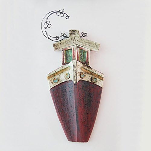 Rustic ship bow, ceramic ship bow with wire steam and captains cabin, colourful ceramic ship, Greek folk art, Greek ship wall hanging