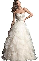 A-line Strapless Full Length Lace-Up Beaded Organza/Tulle Wedding Dress  with a Brush/Sweep Train 