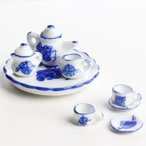 10 Piece Miniature Size Ceramic Tea Party Set with Simple and Dainty Blue Grape and Leaf Design