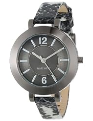 Nine West Womens NW/1431GNBK Gunmetal-Tone Thin Black and White Snakeskin Pattern Strap Watch