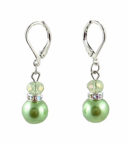 Earrings - E149 - Glass Pearl & Swarovski (tm) Crystal Drop ~ Green