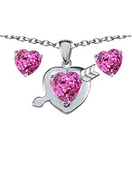 Original Star K (tm) Created Pink Sapphire Heart with Arrow Pendant Box Set with matching earrings in 925 Sterling Silver