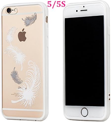 Buyus iPhone 5S / 5 / SE Cases for Girls / Teen Girls / Boys / Women / Men, Clear Crystal Hard Back with Cute Design and Soft Rubber Protective Bumper (Feather, White)