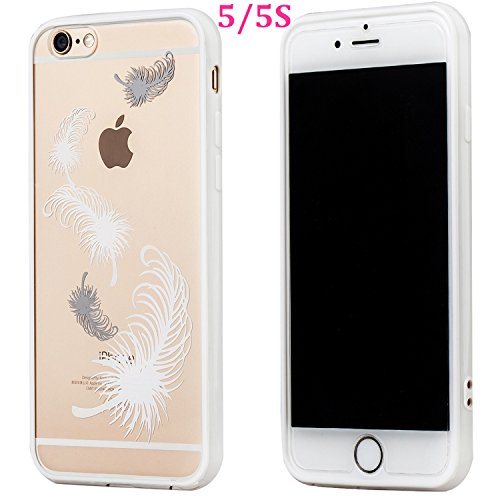 Buyus iPhone 5S / 5 / SE Cases for Girls / Teen Girls / Boys / Women / Men, Clear Crystal Hard Back with Cute Design and Soft Rubber Protective Bumper (Feather, White)