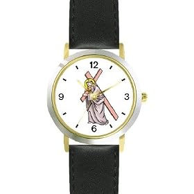 Jesus Christ Carrying Cross Christian Theme - WATCHBUDDY® DELUXE TWO-TONE THEME WATCH - Arabic Numbers - Black Leather Strap-Children's Size-Small ( Boy's Size & Girl's Size )