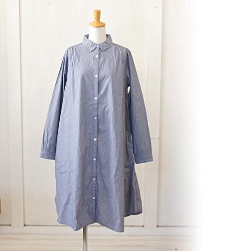 (イチ) ICHI 細ストライプ柄　襟付きギャザー長袖シャツワンピース フリーサイズ ブルーグレー