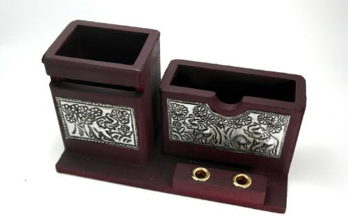 Decorative Teak Wood Pen & Card Stand Holder with Elephant Inlay Metal a Perfect Office Stationary Organizer Birthday Housewarming or Anniversary Gift Ideas