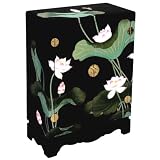 EXP Handmade Asian furniture-33" Black Lacquer Chinese Storage Cabinet / End Table W/ Lotus Flowers