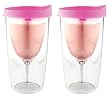 Vino2Go Double Wall Insulated Acrylic Wine Tumbler with Pink Slide Top Open/Close Drink Through Lid 10 oz. Set of 2