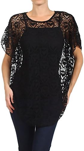 Color 5 Women's Heart Crochet Knit Sweater Top with Built in Cami (Medium, Black)