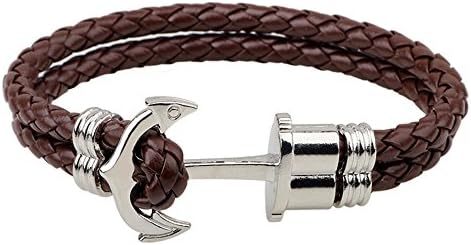 Sunnyhill Mens Womens Retro Nautical Anchor Multi-Strands Braided Leather Bracelet Helm Cuff Wrap Bangle Wristband (Brown)