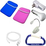 Blue / Pink Barnes and Nobles Nook eBook Neoprene Reversible Sleeve Case Cover, USB Charging Cable / Data HotSync, USB Car Charger, USB USB Power Adapter / Wall Charger, LED Max Bright Light, and Free Carabiner Key Chain